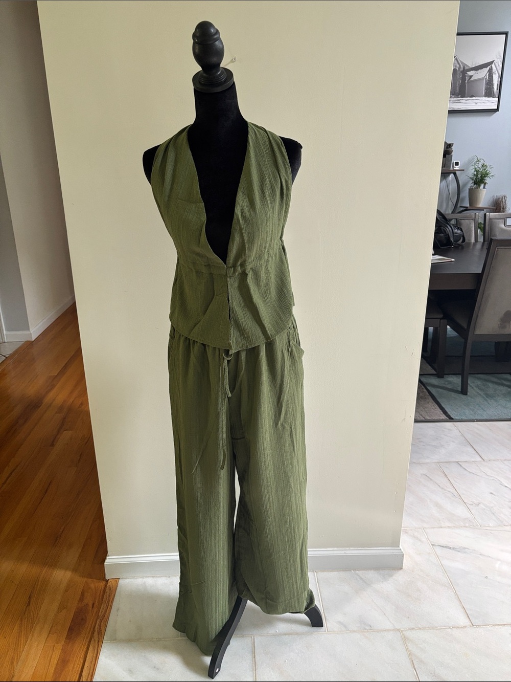 Sleeveless Olive Wide-Leg Jumpsuit with Tie Waist